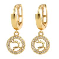 Huggie Hoop Drop Earring, Brass, Deer, gold color plated, micro pave cubic zirconia & for woman & hollow 