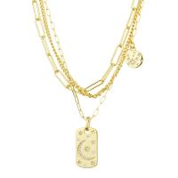 Collier de mode Multi couche, laiton, Placage de couleur d'or, bijoux de mode & multicouche & pavé de micro zircon & pour femme, doré, 13.6*25mm,11mm Environ 19.69 pouce, Vendu par PC