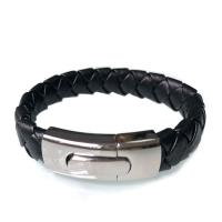 cuir PU bracelet, avec Acier inoxydable 304, Rond, Placage de couleur argentée, bijoux de mode & pour homme, noire .46 pouce, Vendu par PC