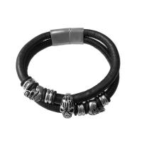 cuir PU bracelet, avec Acier inoxydable 304, Rond, Placage de couleur argentée, bijoux de mode & pour homme, noire .66 pouce, Vendu par PC