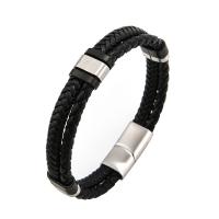 cuir PU bracelet, avec Acier inoxydable 304, Rond, Placage de couleur argentée, bijoux de mode & pour homme, noire Environ 21 cm, Vendu par PC