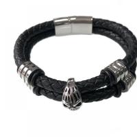 PU Leather Bracelet, with 304 Stainless Steel, Round, silver color plated, fashion jewelry & for man, black cm 