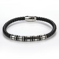 cuir PU bracelet, avec Acier inoxydable 304, Rond, Placage de couleur argentée, bijoux de mode & pour homme, noire cm, Vendu par PC