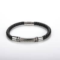 cuir PU bracelet, avec Acier inoxydable 304, Rond, Placage de couleur argentée, bijoux de mode & unisexe, noire cm, Vendu par PC