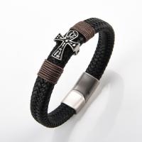 PU Leather Bracelet, with 304 Stainless Steel, Round, silver color plated, fashion jewelry & for man, black 