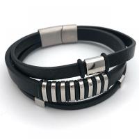 cuir PU bracelet, avec Acier inoxydable 304, Rond, Placage de couleur argentée, bijoux de mode & pour homme, noire .5 cm, Vendu par PC