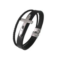 PU Leather Bracelet, with 304 Stainless Steel, Round, silver color plated, fashion jewelry & for man, black cm 