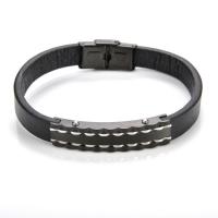 cuir PU bracelet, avec Acier inoxydable 304, Rond, Placage de couleur noire de plumbum, bijoux de mode & pour homme, noire .5 cm, Vendu par PC