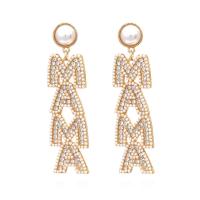 Zinc Alloy Rhinestone Drop Earring, with Plastic Pearl, Alphabet Letter, gold color plated, for woman & with rhinestone 