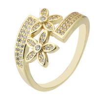 Cubic Zirconia Micro Pave Brass Finger Ring, Flower, gold color plated, Adjustable & micro pave cubic zirconia & hollow, US Ring .5 