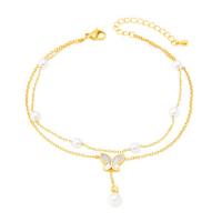 Partículas de acero pulsera tobillera, con Nácar Blanca & Perlas plásticas, acero de titanio cierre de langosta, chapado, para mujer, dorado, 12mm, longitud:26 cm, Vendido por UD