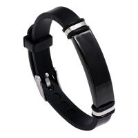 Silicone Stainless Steel Bracelets, with 316L Stainless Steel, Round, silver color plated, fashion jewelry & Unisex, black 