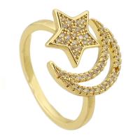 Brass Cuff Finger Ring, Moon and Star, gold color plated, Adjustable & micro pave cubic zirconia & hollow, US Ring 