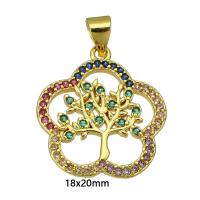 Cubic Zirconia Micro Pave Brass Pendant, Flower, gold color plated, micro pave cubic zirconia & hollow, multi-colored 