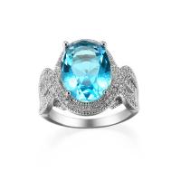 Anneau de cuivre de Zircon, laiton, avec zircon cubique, ovale, Placage de couleur platine, normes différentes pour le choix & pour femme & facettes, bleu de mer, 7mm, Vendu par PC