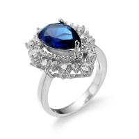 Brass Finger Ring, with Cubic Zirconia, Teardrop, platinum color plated & for woman & faceted, sapphire, 6mm 