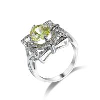 Brass Finger Ring, with Cubic Zirconia, platinum color plated & for woman & faceted, olive yellow, 7mm 