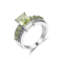 Brass Finger Ring, with Cubic Zirconia, Square, platinum color plated & for woman & faceted, olive yellow, 6mm 