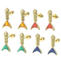 Brass Stud Earring, Fish, gold color plated, micro pave cubic zirconia & for woman & enamel 