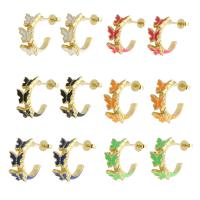 Brass Stud Earring, Butterfly, gold color plated, for woman & enamel 