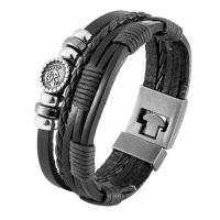 Split Layer Cowhide Leather Bracelet, with Zinc Alloy, Round, silver color plated, fashion jewelry & for man 