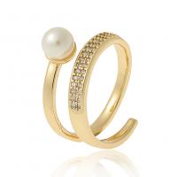 Cubic Zirconia Micro Pave Brass Finger Ring, with Plastic Pearl, gold color plated, Adjustable & micro pave cubic zirconia & for woman, 21mm 