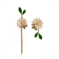 Asymmetric Earrings, Zinc Alloy, Flower, gold color plated, for woman & enamel & with rhinestone  