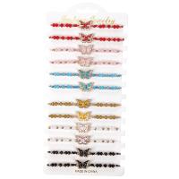 cordon de polyester Set de bracelet, avec cristal & alliage de zinc, papillon, Placage de couleur d'or, 12 pièces & réglable & émail & avec strass, couleurs mélangées .7 pouce é, Vendu par fixé