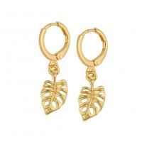 Huggie Hoop Drop Earring, Brass, Leaf, gold color plated & micro pave cubic zirconia & for woman 