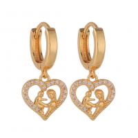 Huggie Hoop Drop Earring, Brass, Heart, gold color plated & micro pave cubic zirconia & for woman 