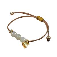 Jade Bracelets, Polyester Cord, with zinc alloy bead & Hetian Jade, Adjustable & for woman, golden Approx 7.6 Inch 