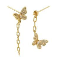 Asymmetric Earrings, Brass, Butterfly, gold color plated, for woman & with rhinestone, golden  1mm 