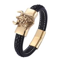 Microfiber PU Bracelet, with 316L Stainless Steel, Round, gold color plated, fashion jewelry & for man 12mm 