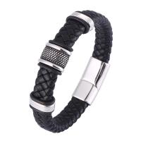 Microfiber PU Bracelet, with 316L Stainless Steel, Round, silver color plated, fashion jewelry & for man 12mm 