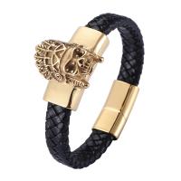 Leather Bracelet, with 316L Stainless Steel, Skull, gold color plated, fashion jewelry & for man 12mm 