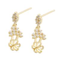 composant de goutte de boucle d'oreille en laiton, fleur, Placage de couleur d'or, pour femme & avec strass, doré 1mm, Vendu par PC