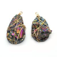 Natural Quartz Pendants, Rainbow Quartz, with brass wire, irregular, gold color plated, DIY, 30x50- 