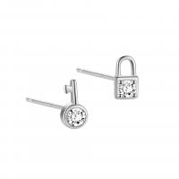 Asymmetric Earrings, 925 Sterling Silver, Lock and Key, plated, for woman & with rhinestone 4*7.5mm,3.5*6.5mm 