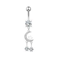 Anneau de ventre en acier inoxydable, Acier inoxydable 304, avec zircon cubique & laiton, Lune et Etoile, Placage galvanique, pour femme & facettes, argent, 50-80mm, Vendu par PC