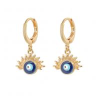 Huggie Hoop Drop Earring, Brass, gold color plated, evil eye pattern & for woman & enamel, blue 