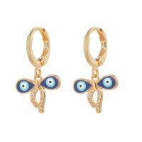 Huggie Hoop Drop Earring, Brass, Bowknot, gold color plated, evil eye pattern & micro pave cubic zirconia & for woman & enamel, blue 