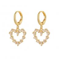 Huggie Hoop Drop Earring, Brass, Heart, gold color plated, micro pave cubic zirconia & for woman & hollow 