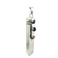 Natural Quartz Pendants, Clear Quartz, with Tourmaline & Brass, Conical, silver color plated, Unisex, white 