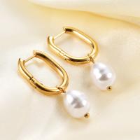 Huggie Hoop Drop Earring, 304 Stainless Steel, with Plastic Pearl, Vacuum Ion Plating, for woman & hollow 