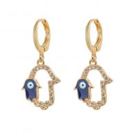 Huggie Hoop Drop Earring, Brass, Hand, gold color plated, evil eye pattern & micro pave cubic zirconia & for woman & hollow, blue 