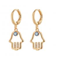 Huggie Hoop Drop Earring, Brass, Hand, gold color plated, evil eye pattern & micro pave cubic zirconia & for woman & enamel & hollow 