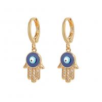 Huggie Hoop Drop Earring, Brass, Hand, gold color plated, evil eye pattern & micro pave cubic zirconia & for woman & enamel, blue 