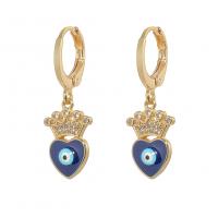 Huggie Hoop Drop Earring, Brass, gold color plated, evil eye pattern & micro pave cubic zirconia & for woman & enamel, blue 