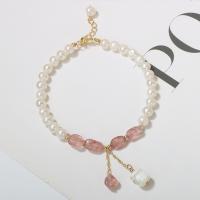 Kultivierten Süßwasser Perle Messing Armband, Natürliche kultivierte Süßwasserperlen, mit Strawberry Quartz & Messing, Messing Karabinerverschluss, für Frau, gemischte Farben, 5mm, Länge:20 cm, verkauft von PC