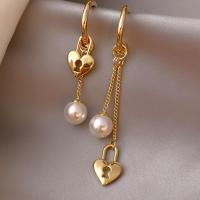 Asymmetric Earrings, Brass, with Plastic Pearl, Heart, 14K gold plated, for woman, 59mm,43mm 